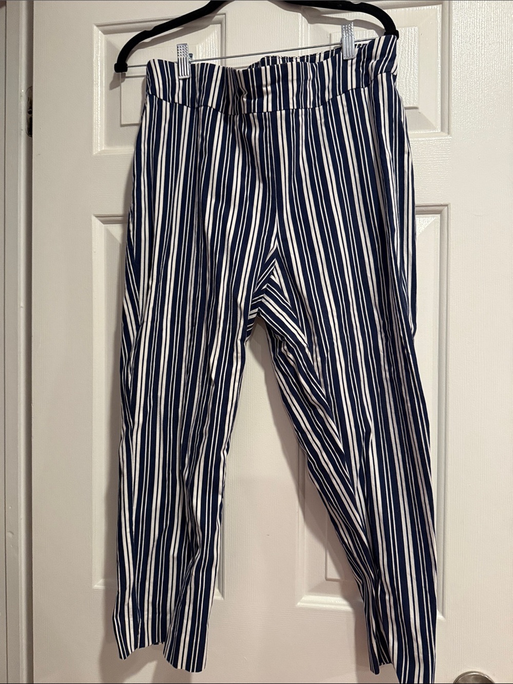 Chico's Navy and White Vertical Stripe Trousers